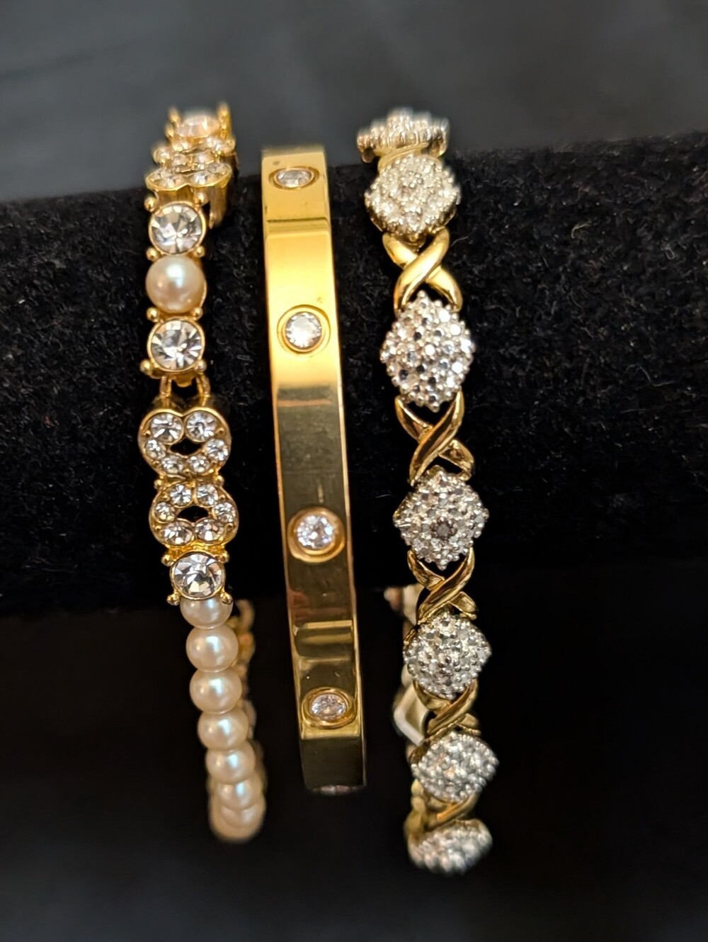 " Estate "Monet Crystal & Pearl ,Sterling X & Gold Bangle Trio